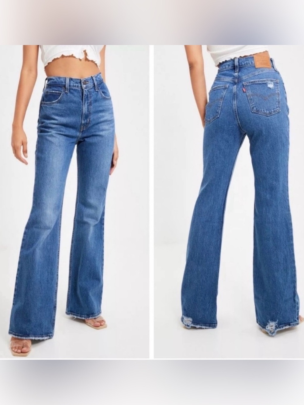 Levi’s Premium 70s High Flare Jeans Women’s sz 28 Raw Hem Distressed Medium Wash